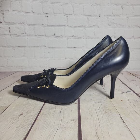St. John Vero Cuoio Heels Pointed Toe Womens 8.5B Navy Laces Suede Bow Leather - Picture 4 of 8